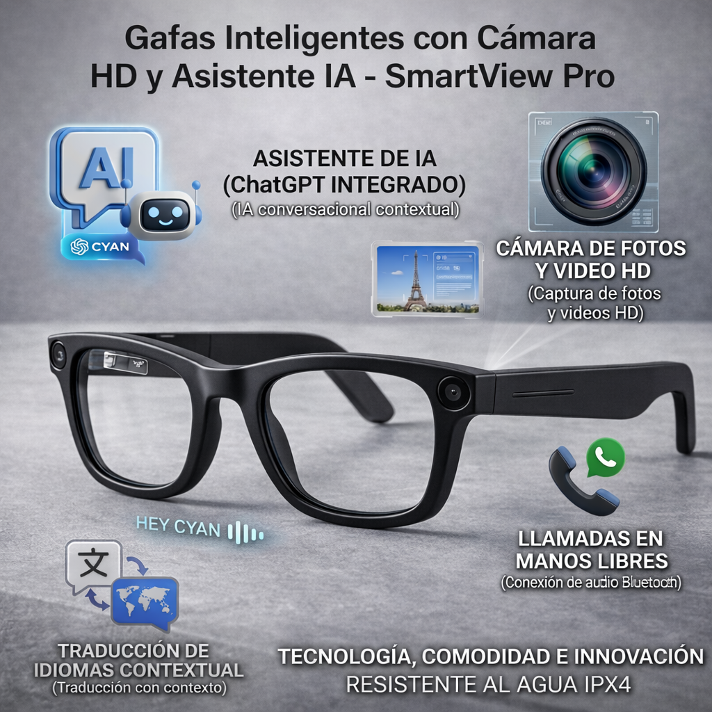 Gafas Inteligentes con Cámara y IA – SmartView Pro | Bluetooth, Traducción y Audio Integrado