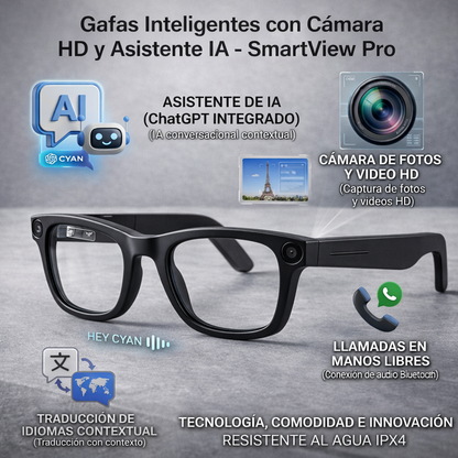 Gafas Inteligentes con Cámara y IA – SmartView Pro | Bluetooth, Traducción y Audio Integrado