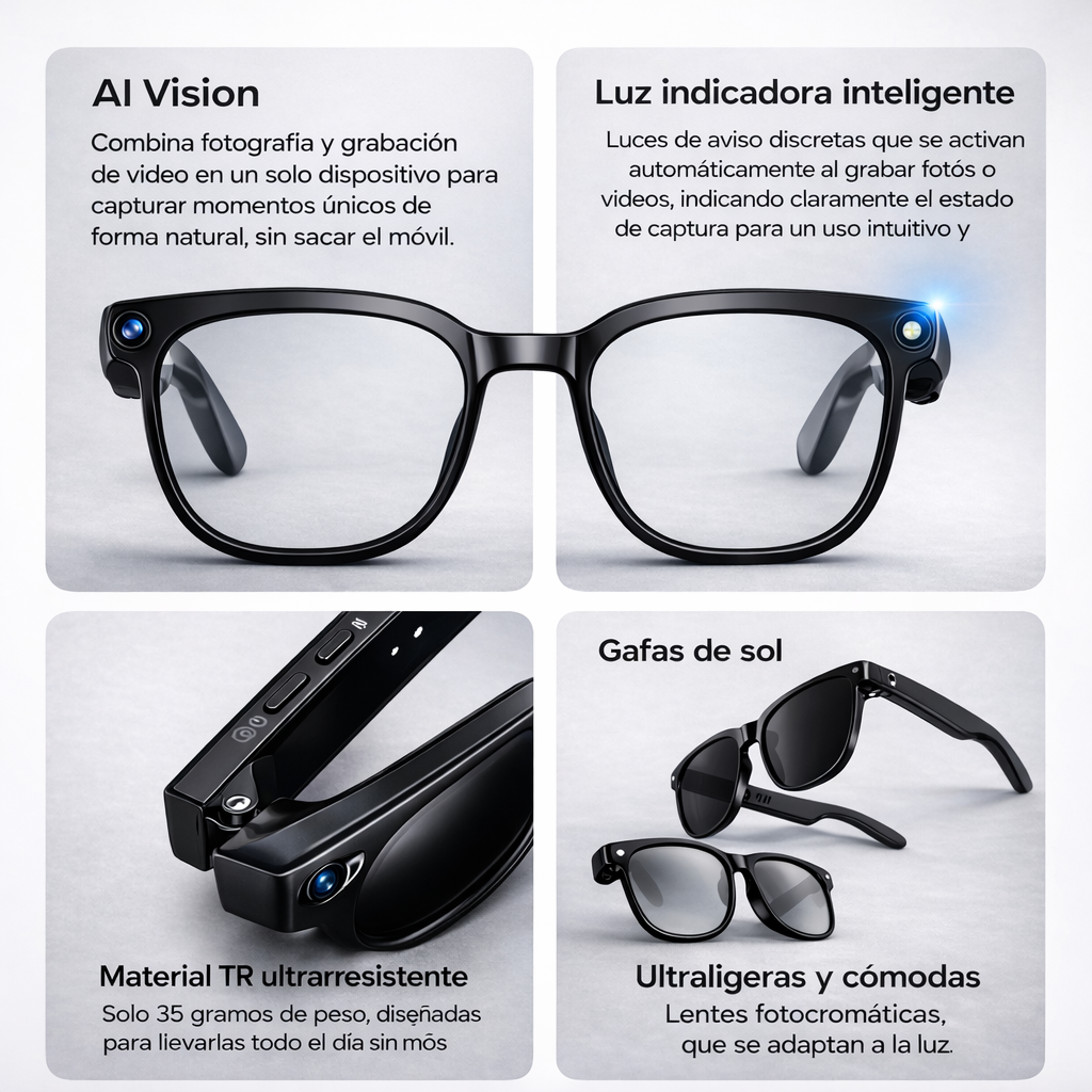 Gafas Inteligentes con Cámara y IA – SmartView Pro | Bluetooth, Traducción y Audio Integrado