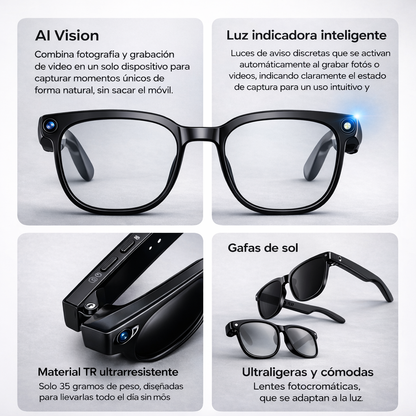 Gafas Inteligentes con Cámara y IA – SmartView Pro | Bluetooth, Traducción y Audio Integrado